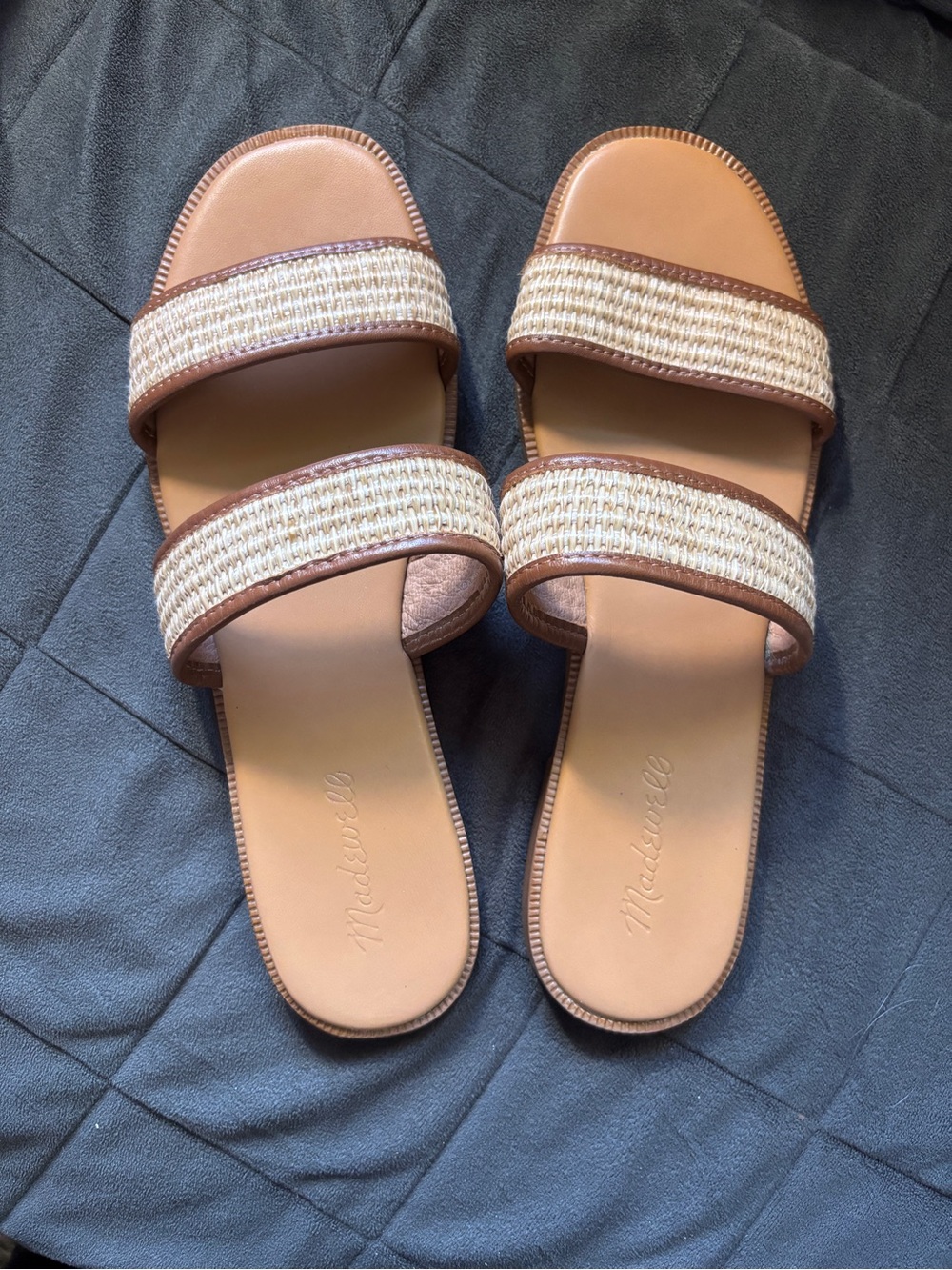Madewell Tan and Straw Double-Strap Slide Sandals Flats Summer NWOT